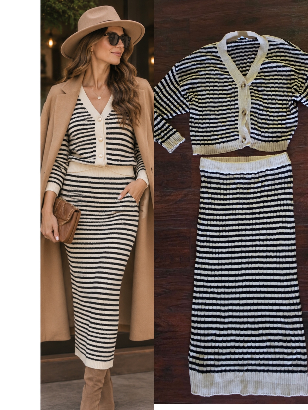 Gilli Black & Cream Striped Knit Midi Skirt Set